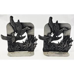 2 Vintage 1980 Metzke Pewter Metal Flying Mallard Duck Bookends 7.5" T